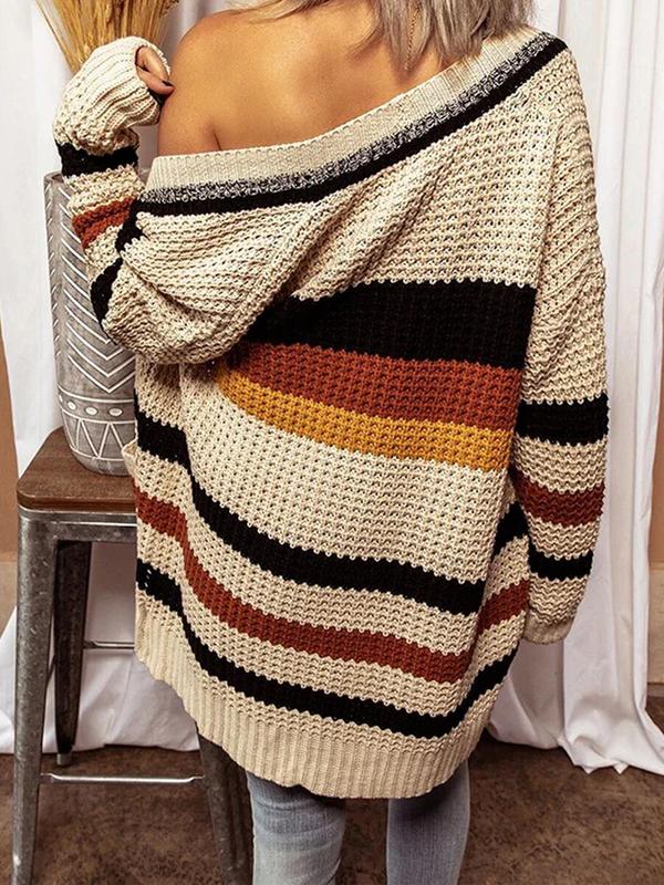 Women's Colorblock Striped Print Drop Shoulder Cardigan, Casual Long Sleeve Open Front Pocket Cardigan Sweater for Fall & Winter, Fashion Ladies' Knit Clothing for Daily Wear